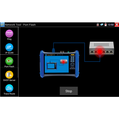 'Network Tool - Port Flash' zeigt ein Diagnosegerät mit einem Diagramm zu Netzwerkverbindungen. Links sind Optionen wie Ping, IP Scan, Port Flash.